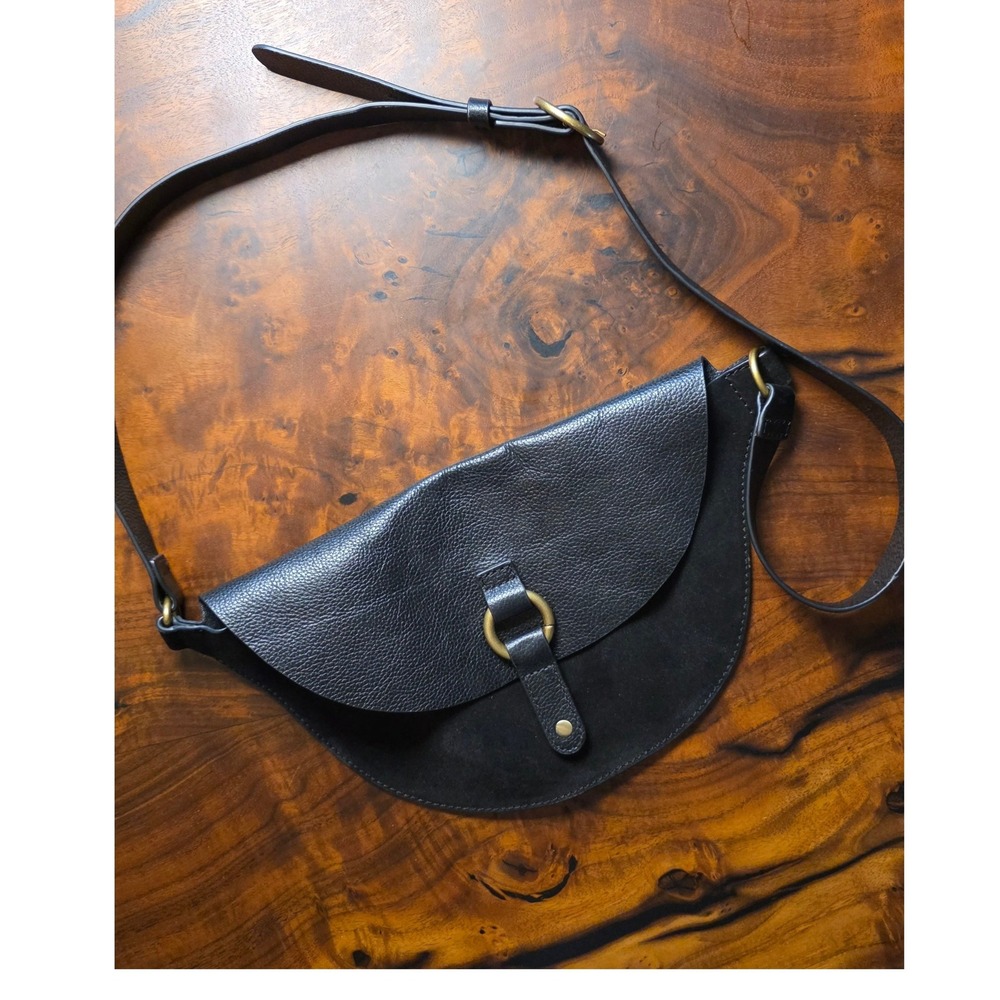 Banana Republic Black Leather Suede Mixed Media Crossbody Saddle Bag Brass Ring
